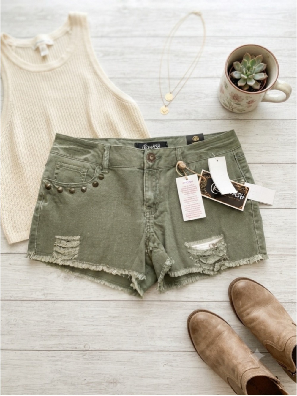 Rewash Olive Green Studded Distressed Denim Cutoff Shorts Size 3 New With Tags